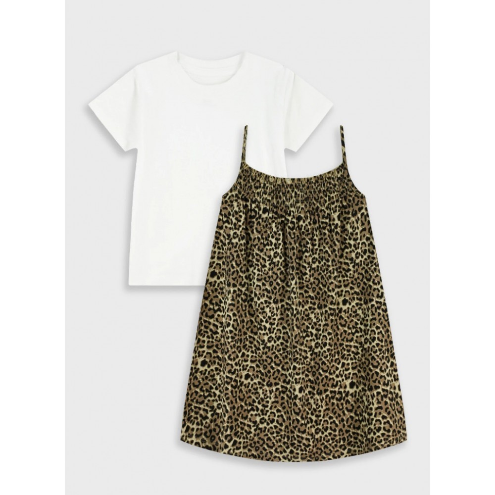 Εφηβικό Σετ Φόρεμα με Τιράντα Λεοπάρ και Μακό Μπλούζα Κορίτσι (6-16) –Εμπριμέ– 16-226243-7