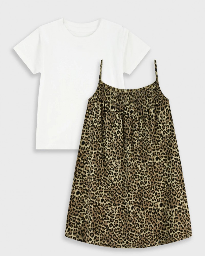 Εφηβικό Σετ Φόρεμα με Τιράντα Λεοπάρ και Μακό Μπλούζα Κορίτσι (6-16) –Εμπριμέ– 