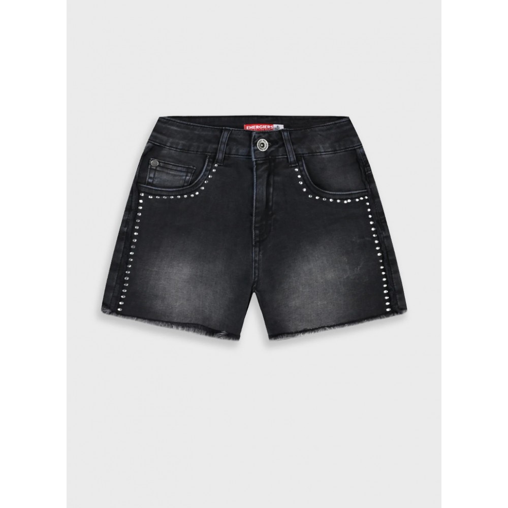 Εφηβικό Σορτς Jean με Στρας και Ξέφτια Κορίτσι (6-16) -Μαύρο Τζιν- 
