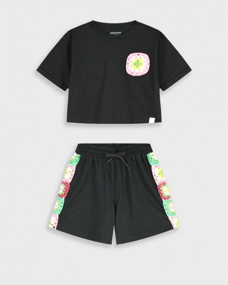 Εφηβικό Σετ Μπλούζα Τοπ Και Σορτς με Υπέροχο Κέντημα Κορίτσι (6-16) -Μαύρο- 