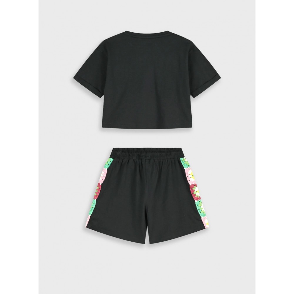 Εφηβικό Σετ Μπλούζα Τοπ Και Σορτς με Υπέροχο Κέντημα Κορίτσι (6-16) -Μαύρο- 16-226284-0