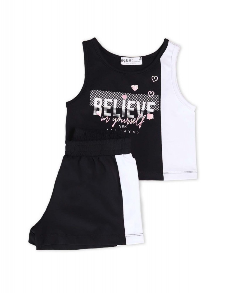 Εφηβικό Αμάνικο Σετ, Crop Top Μπλουζάκι “Believe” και Shorts -Μαύρο- 21122