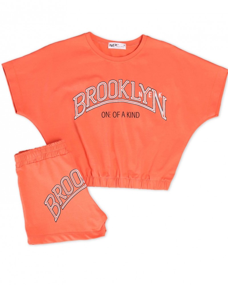 Εφηβικό Σετ, Crop Top Μπλουζάκι “Brooklyn” και Shorts -Κοραλλί-  21322