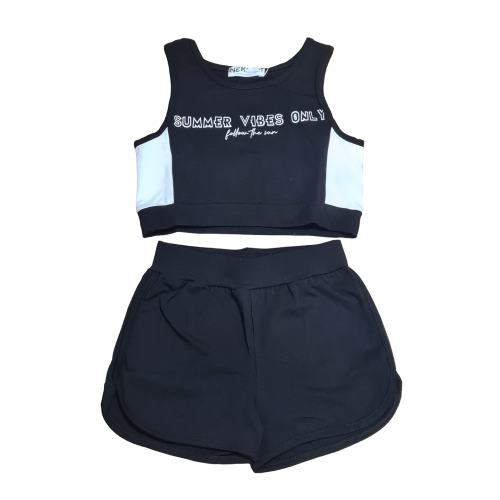 Εφηβικό Σετ Top Crop Μπλούζα Αμάνικη Και Shorts Κορίτσι (6-16Ε) -Μαύρο- 21624