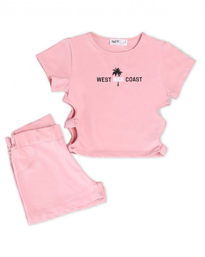 Εφηβικό Σετ, Crop Top Μπλουζάκι και Shorts -Ροζ-  21722