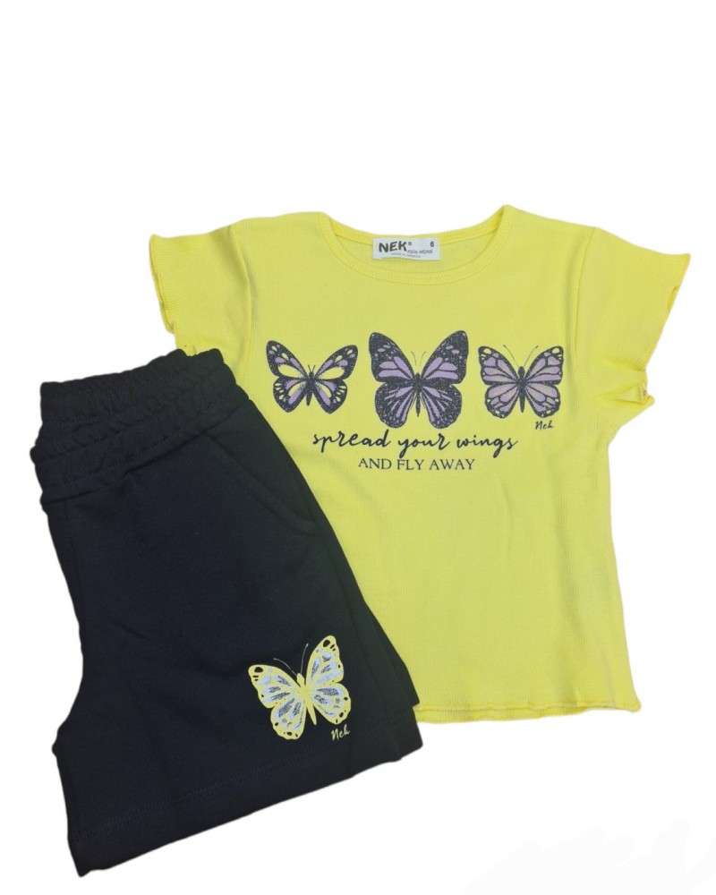 Εφηβικό Σετ Crop Top Ριπ Μπλουζάκι και Shorts Κίτρινο Nek Kids Wear 22322