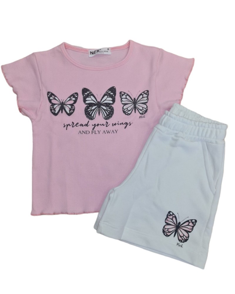 Εφηβικό Σετ Crop Top Ριπ Μπλουζάκι και Shorts Ροζ Nek Kids Wear 22322
