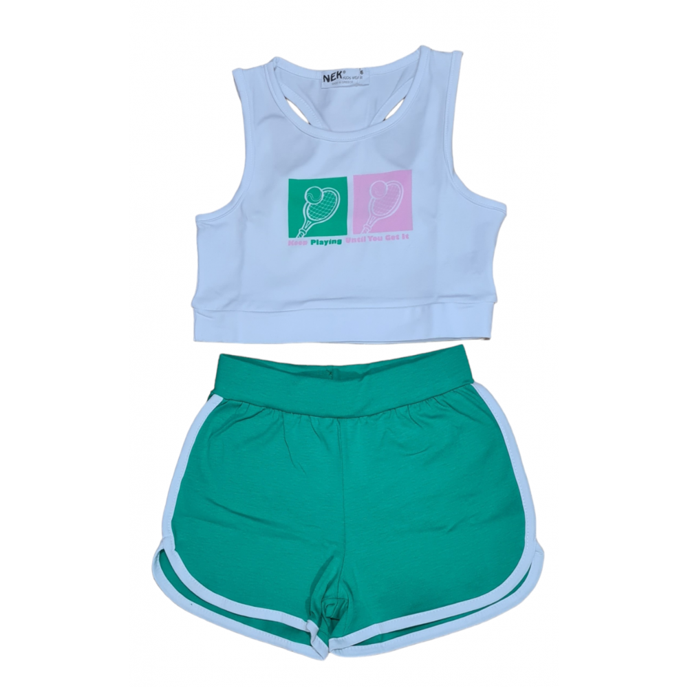Σετ Top Crop Μπλούζα Τένις Και Shorts Κορίτσι (6-16Ε) -Πράσινο- 22424