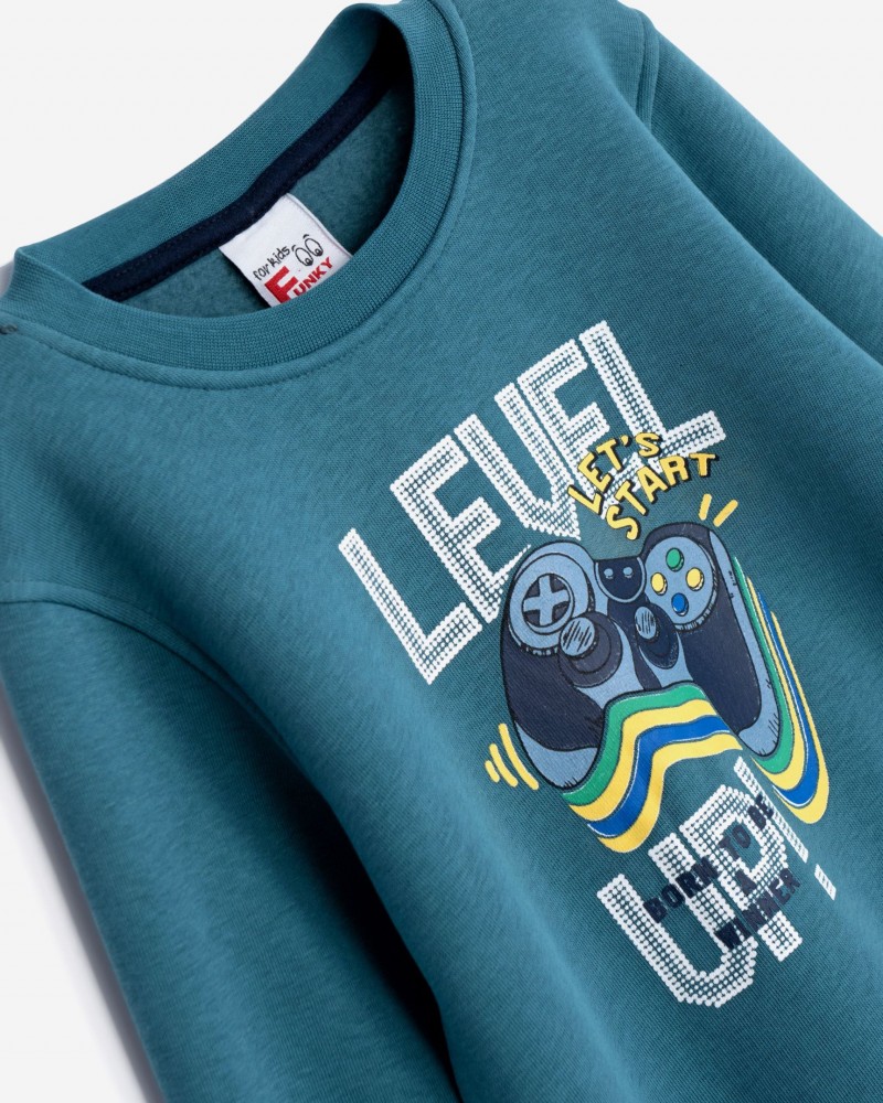 Παιδικό Σετ Φούτερ Φόρμας Με Τύπωμα Level Up Αγόρι (2-6) -Πετρόλ- 225-317125-1