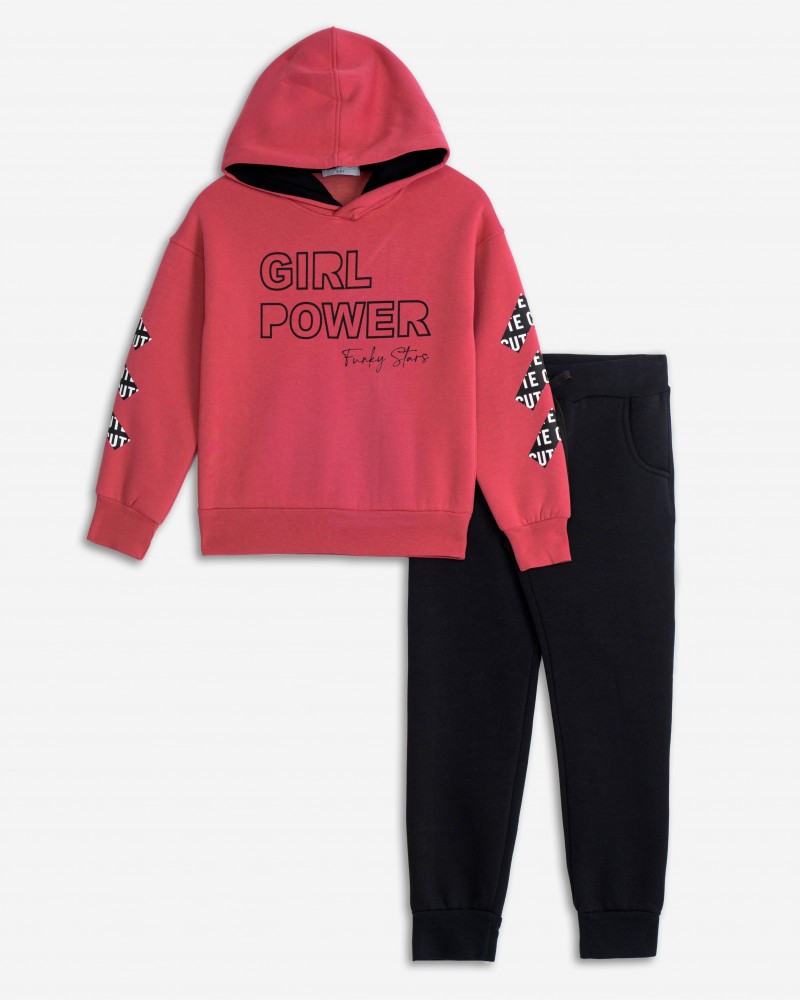 Εφηβικό Casual Σετ Φούτερ Φόρμα με Κουκούλα Girl Power Κορίτσι (6-16) -Ρούμπι- 225-517131-1