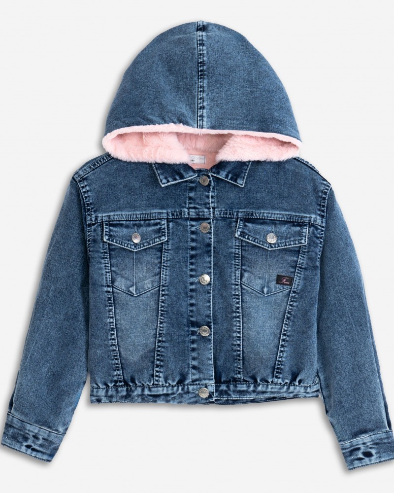 Εφηβικό Jean Μπουφάν με Κουκούλα και Γούνα Denim Jacket Κορίτσι (6-16) -Μπλε Τζιν- 225-518103-1