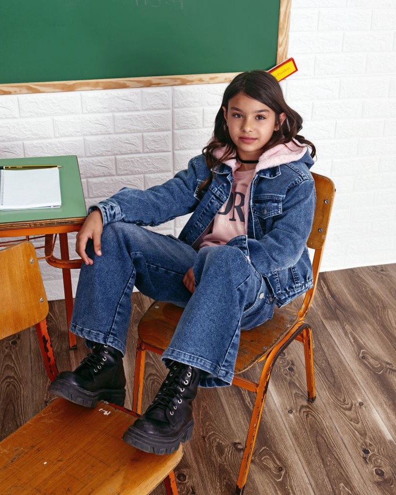 Εφηβικό Jean Μπουφάν με Κουκούλα και Γούνα Denim Jacket Κορίτσι (6-16) -Μπλε Τζιν- 225-518103-1