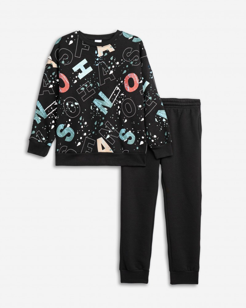 Εφηβικό Σετ Φούτερ Φόρμα Με Τύπωμα Allover Αγόρι (6-16) -Μαύρο-  Εφηβικό Σετ Φούτερ Φόρμα Με Τύπωμα Allover Αγόρι (6-16) -Μαύρο-