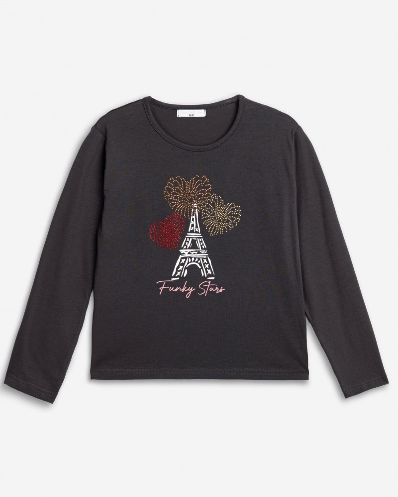 Εφηβική Μπλούζα Με Τύπωμα Paris Eiffel Κορίτσι (6-16) -Ανθρακί- 