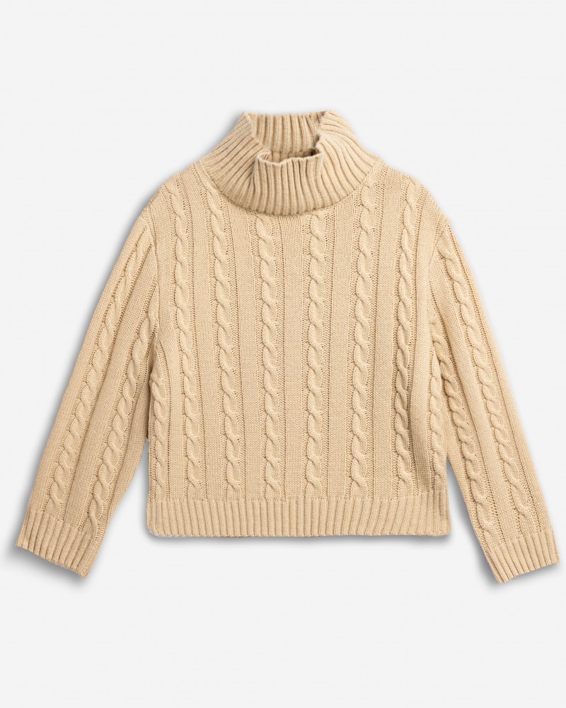 Εφηβικό Πλεκτό Πουλόβερ Ζιβάγκο με Σχέδιο Πλεξούδα Κορίτσι (6-16) -Μπεζ- 