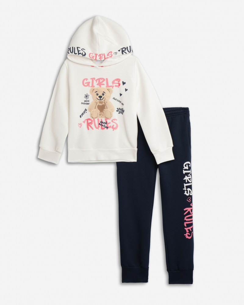 Εφηβικό Σετ Φόρμα Φούτερ Με Κουκούλα και Τύπωμα Girls Rules Κορίτσι (6-16) -Εκρού- 