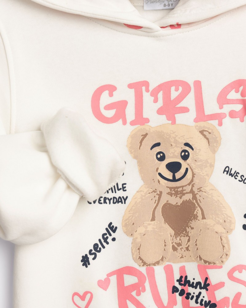 Εφηβικό Σετ Φόρμα Φούτερ Με Κουκούλα και Τύπωμα Girls Rules Κορίτσι (6-16) -Εκρού- 
