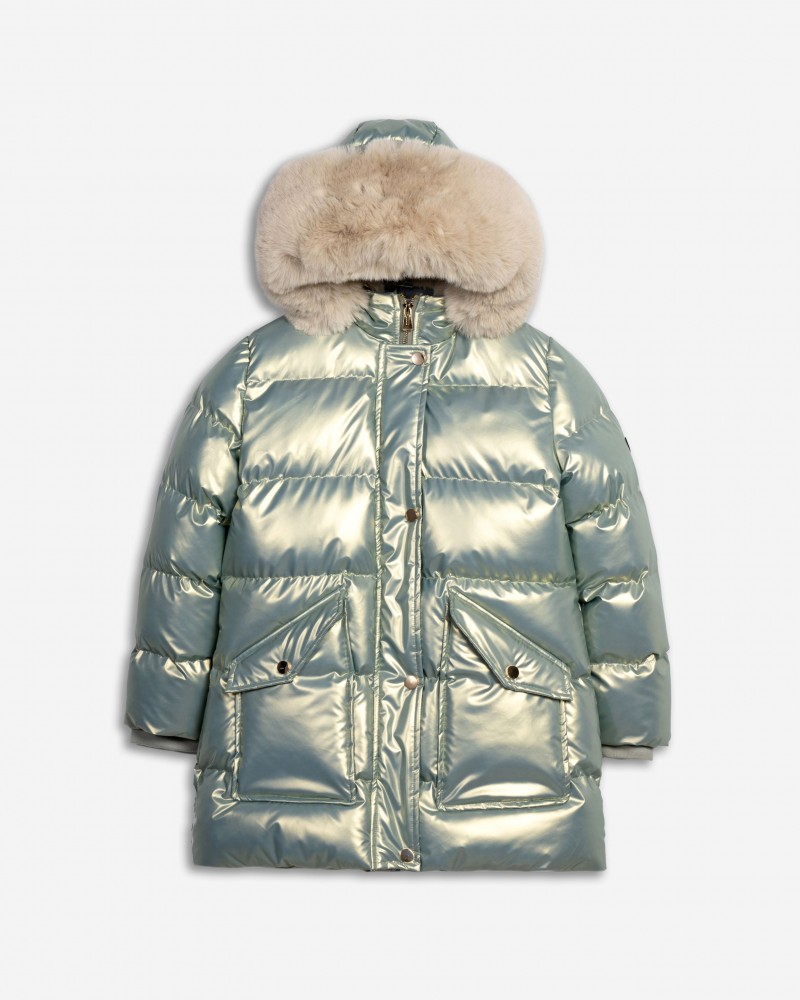 Εφηβικό Μπουφάν Puffer με Κουκούλα από Γούνα Κορίτσι (6-16) -Ιριδίζον Μέντα- 