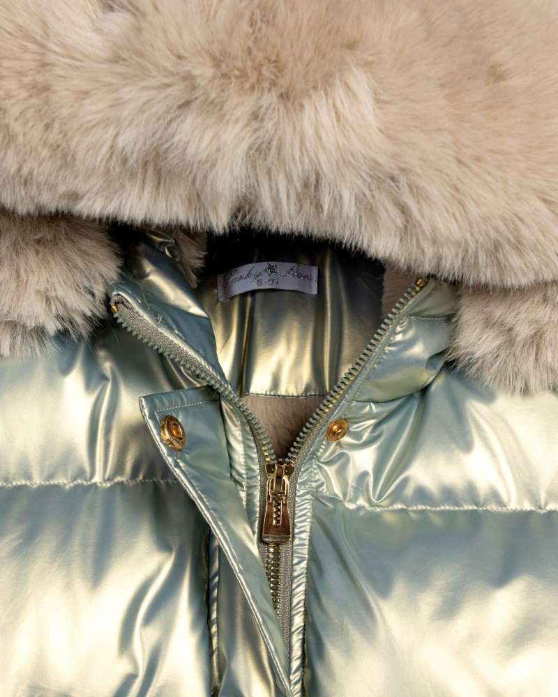 Εφηβικό Μπουφάν Puffer με Κουκούλα από Γούνα Κορίτσι (6-16) -Ιριδίζον Μέντα- 