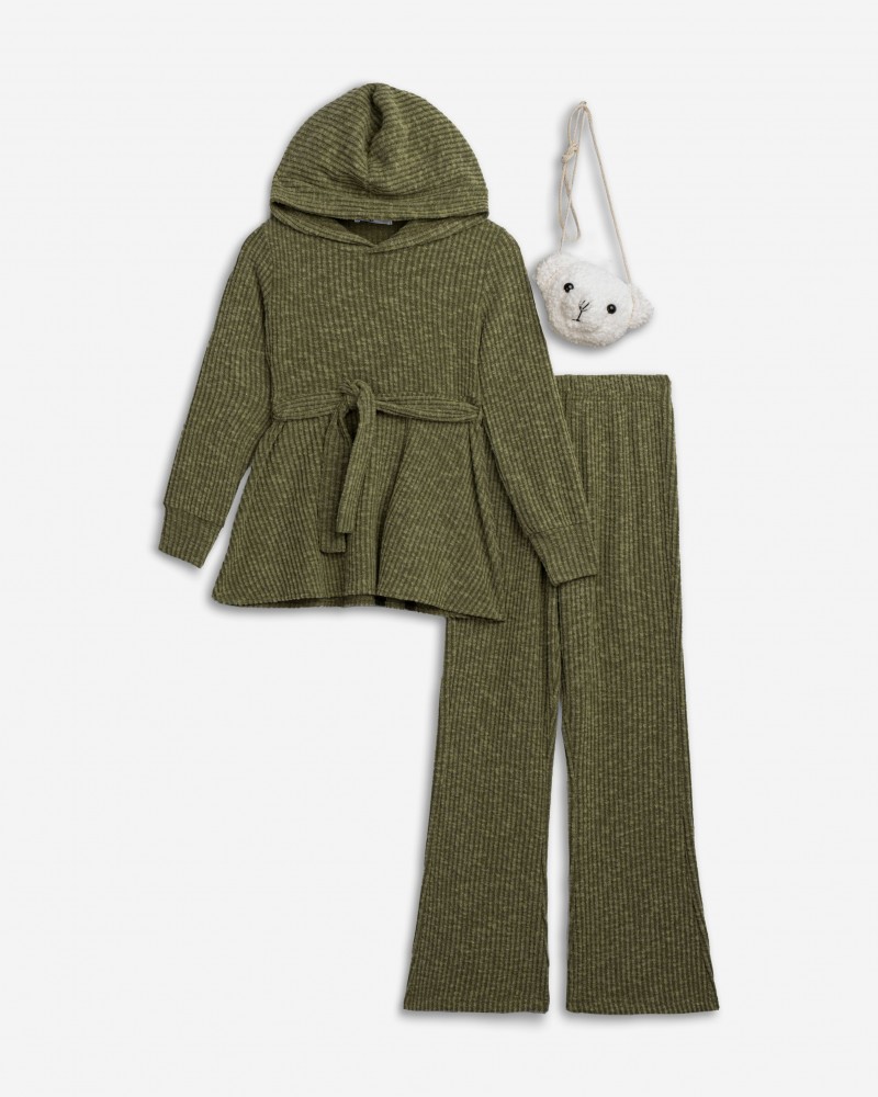 Εφηβικό Σετ Μπλούζα με Κουκούλα και Ζώνη, Παντελόνα και Τσαντάκι 3 Τμχ Κορίτσι (6-16) -Χακί- 