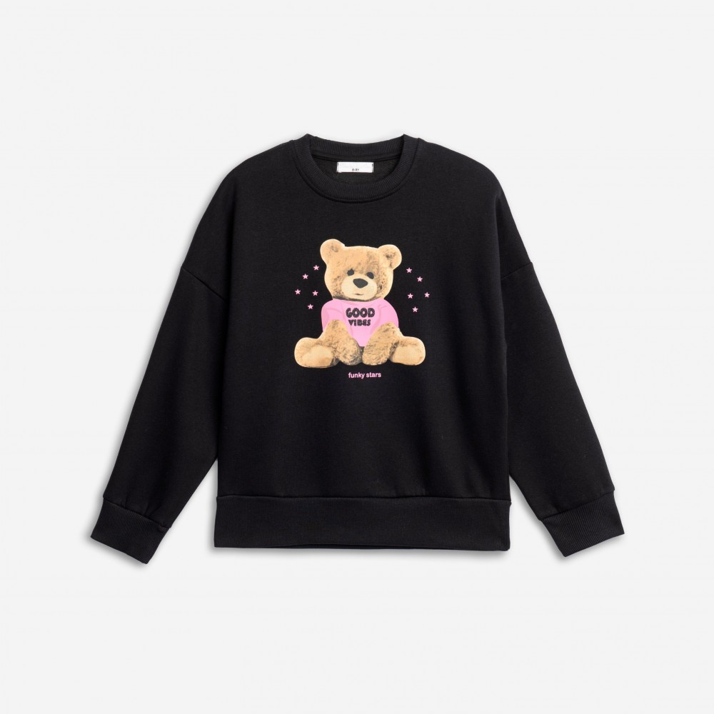 Εφηβική Μπλούζα Φούτερ Με Τύπωμα Bear Good Vibes Κορίτσι (6-16) -Μαύρο- 