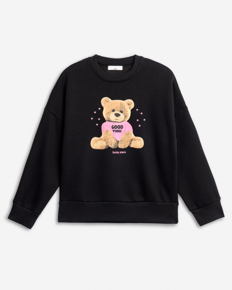 Εφηβική Μπλούζα Φούτερ Με Τύπωμα Bear Good Vibes Κορίτσι (6-16) -Μαύρο- 
