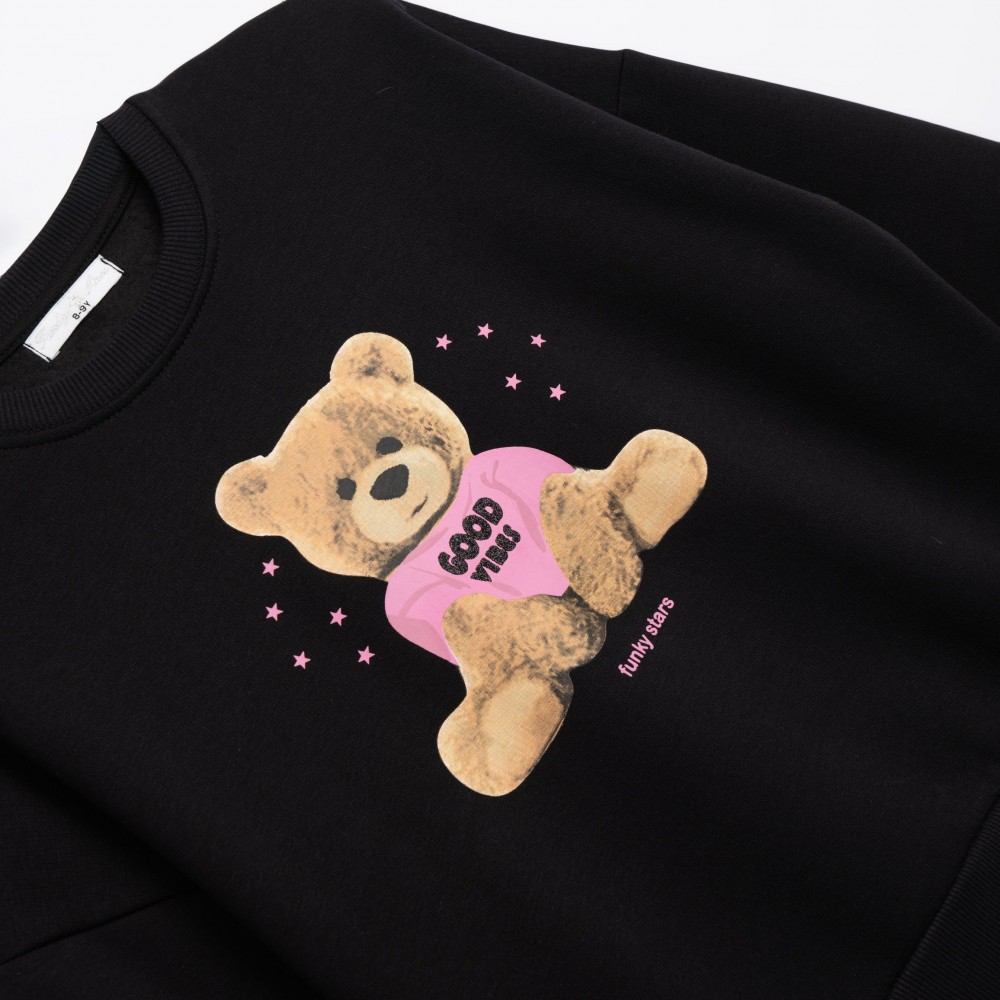 Εφηβική Μπλούζα Φούτερ Με Τύπωμα Bear Good Vibes Κορίτσι (6-16) -Μαύρο- 