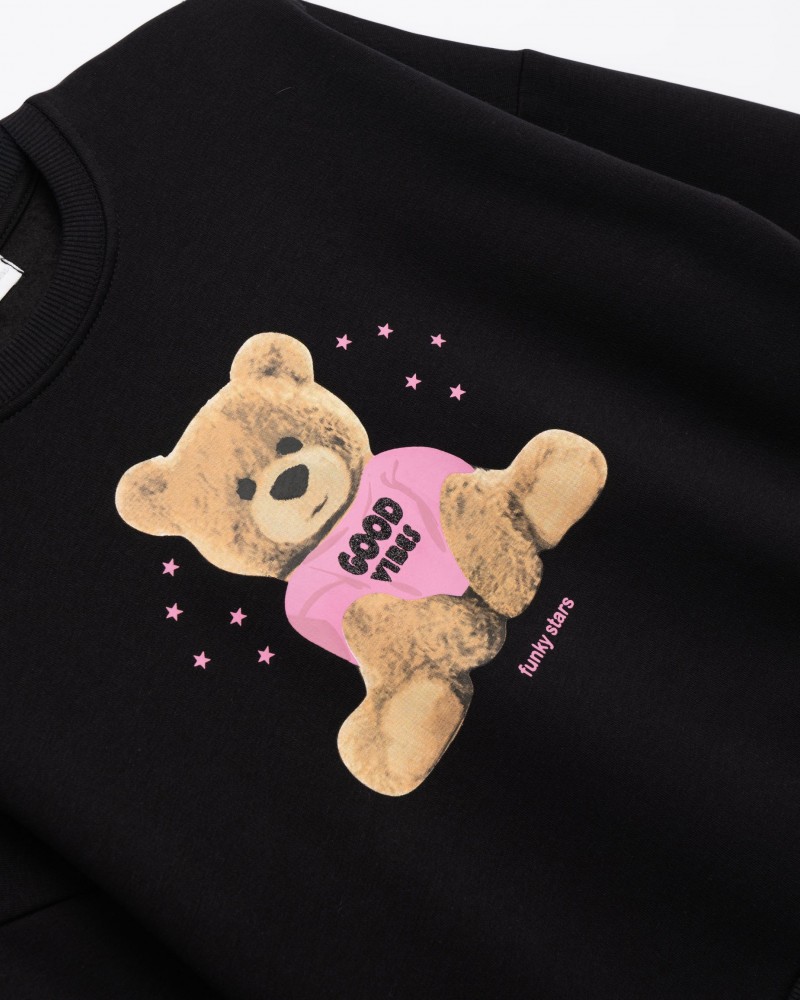 Εφηβική Μπλούζα Φούτερ Με Τύπωμα Bear Good Vibes Κορίτσι (6-16) -Μαύρο- 