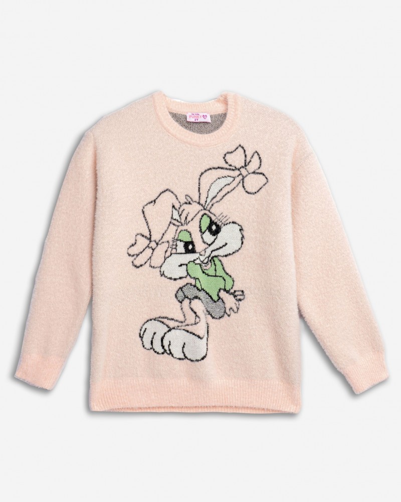 Παιδική Μπλούζα Πλεκτή Με Σχέδιο Λαγουδάκι Κορίτσι (2-6) -Ροζ-  Παιδική Μπλούζα Πλεκτή Με Σχέδιο Λαγουδάκι Κορίτσι (2-6) -Ροζ-
