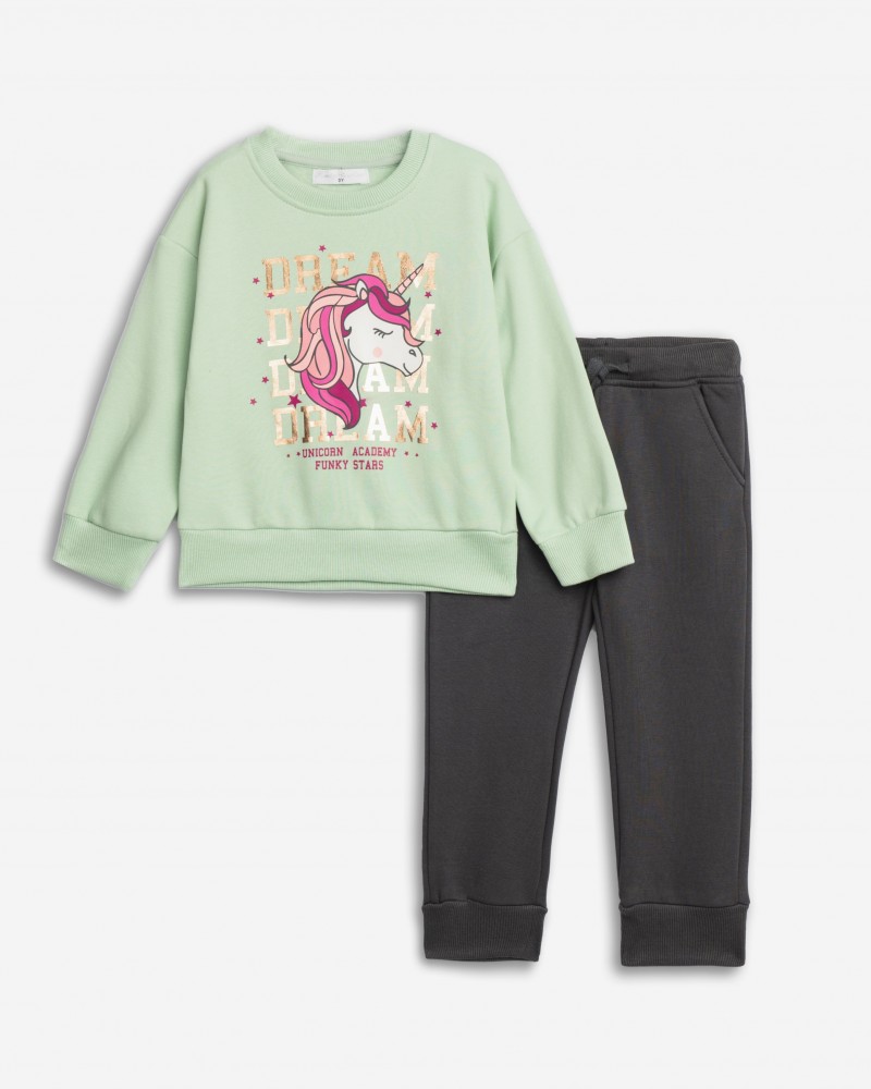 Παιδικό Σετ Φούτερ Φόρμα με Τύπωμα Unicorn Κορίτσι (2-6) -Φυστικί- 