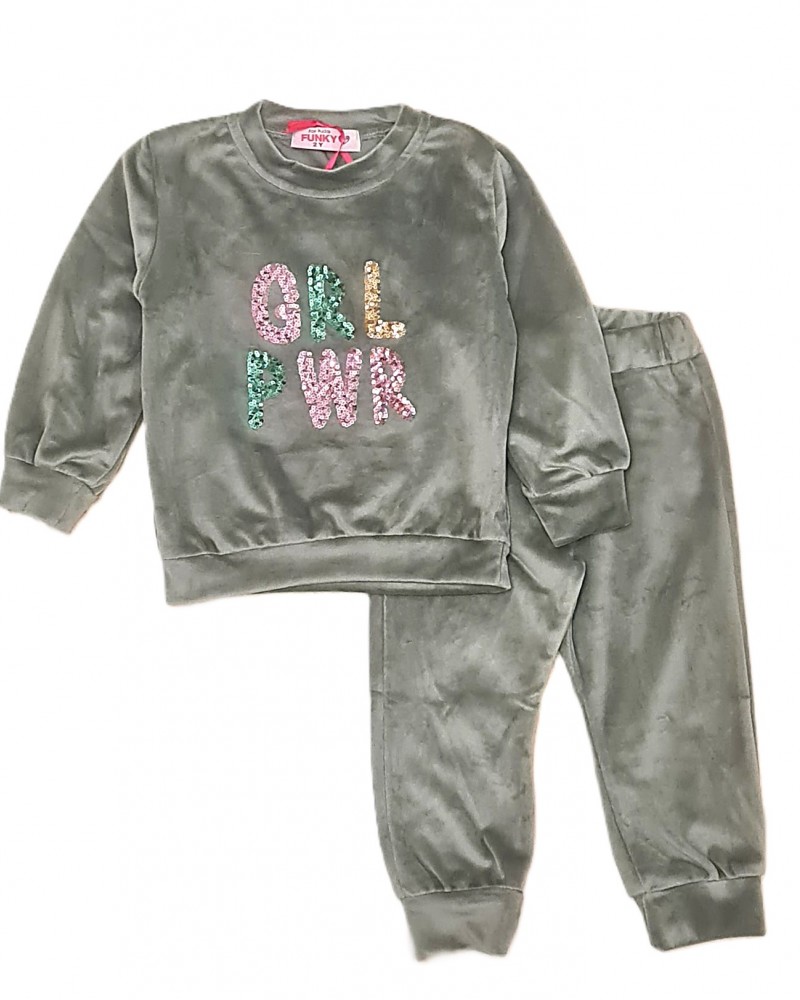 Παιδικό Σετ Βελουτέ Φόρμα με Μπλούζα Παγιέτα GRL PWR Κορίτσι (2-6) -Σκούρο Μέντα- 