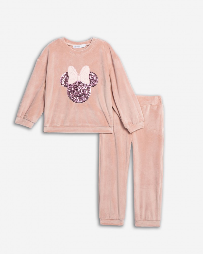 Παιδικό Σετ Βελουτέ Φόρμα με Μπλούζα Ποντικάκι Κορίτσι (2-6) -Πούδρα- 