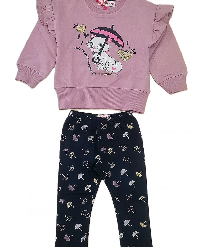 Παιδικό Σετ Φούτερ Με Κολάν και Μπλούζα Γατούλα Κορίτσι (2-6) -Σκούρο Ροζ- 