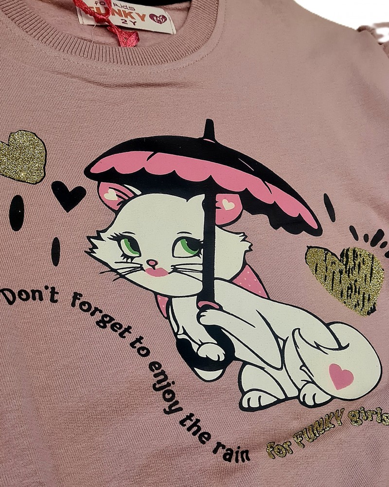 Παιδικό Σετ Φούτερ Με Κολάν και Μπλούζα Γατούλα Κορίτσι (2-6) -Σκούρο Ροζ- 