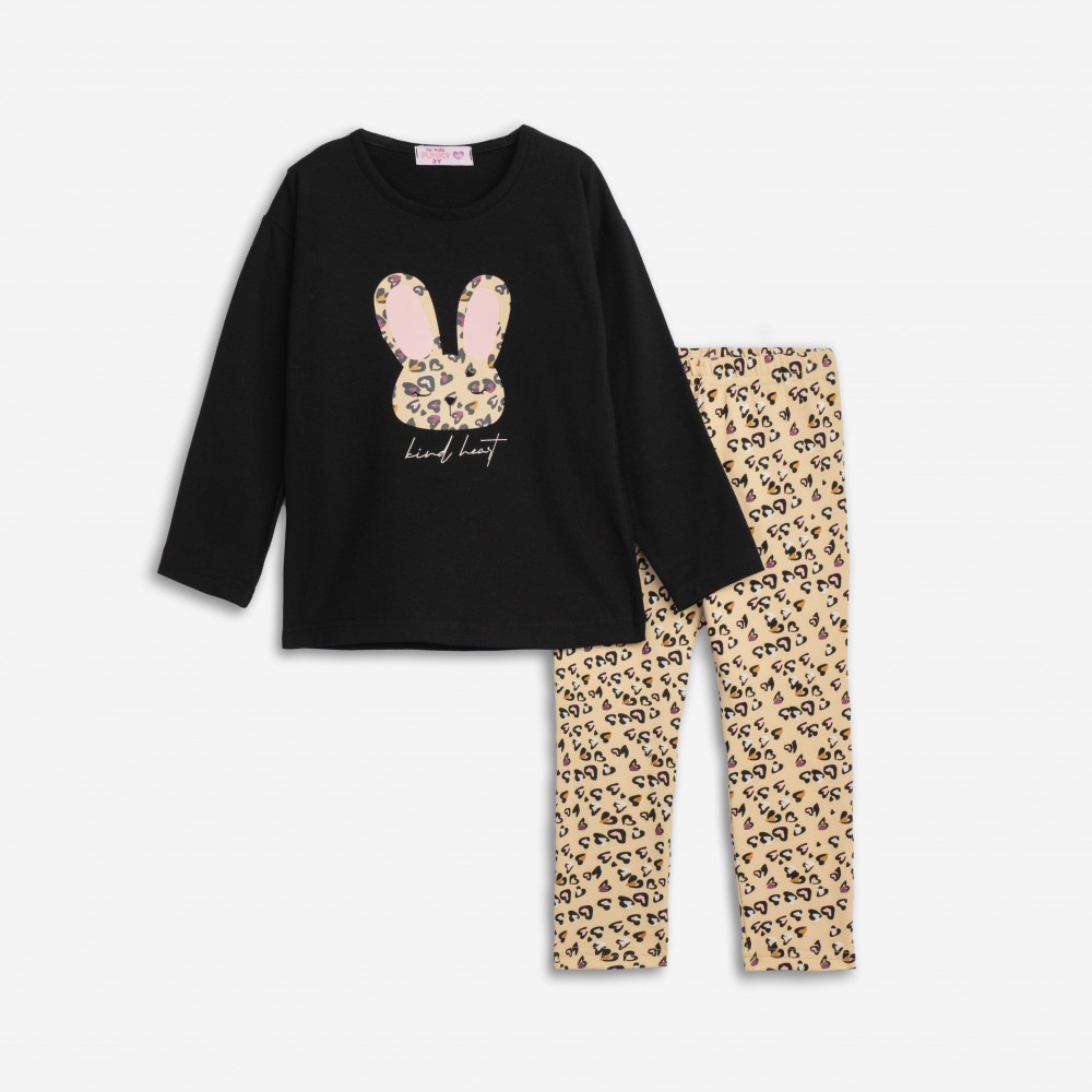 Παιδικό Σετ Με Κολάν Animal Print και Μπλούζα Κουνελάκι Κορίτσι (2-6) -Μαύρο- 