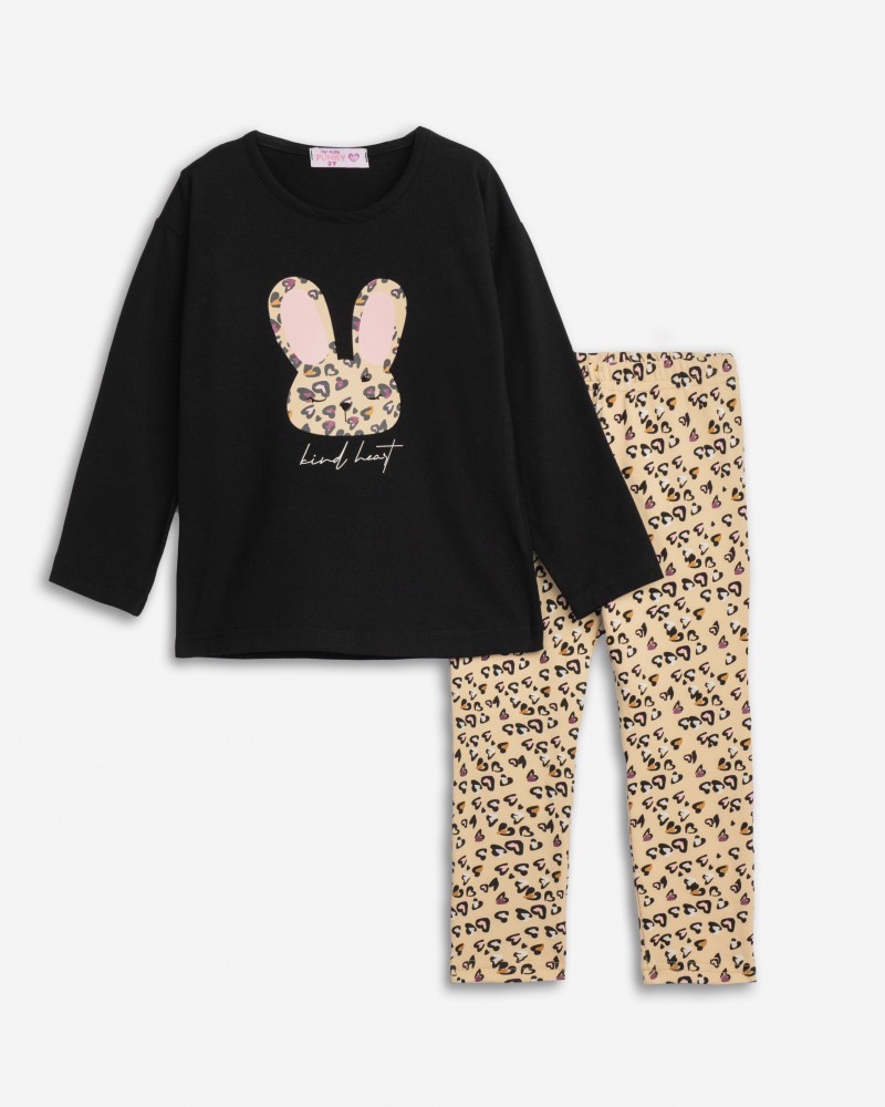Παιδικό Σετ Με Κολάν Animal Print και Μπλούζα Κουνελάκι Κορίτσι (2-6) -Μαύρο- 