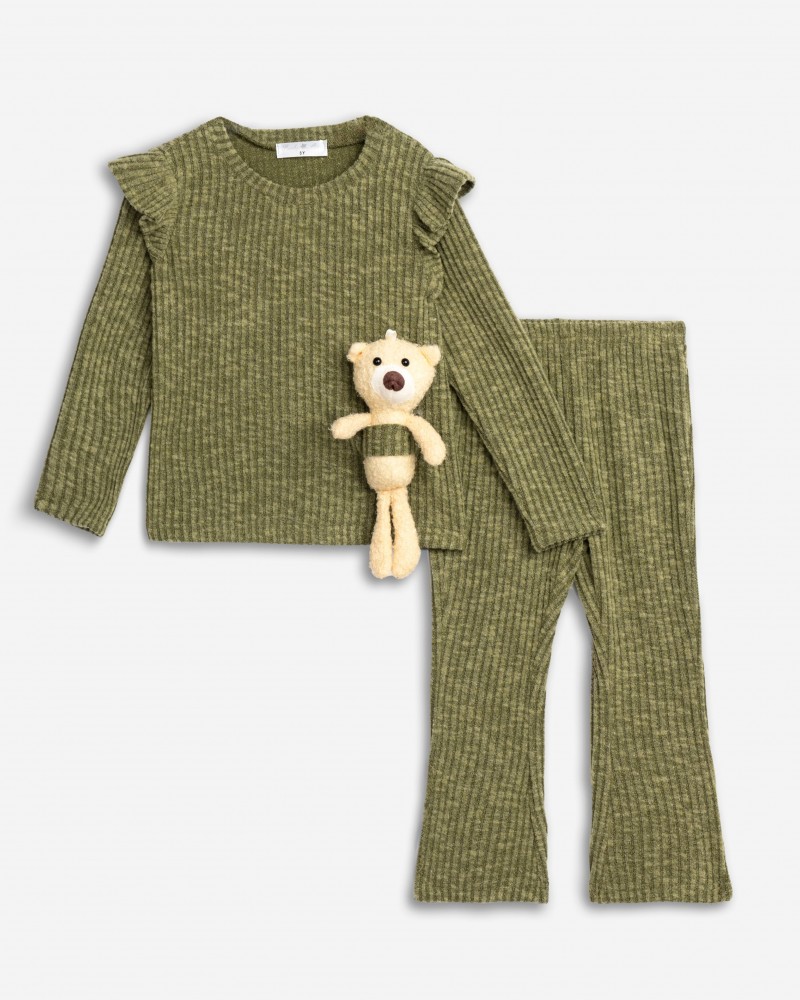 Παιδικό Σετ Ριπ Μπλούζα με Αρκουδάκι και Παντελόνα Κορίτσι (2-6) -Λαδί- 