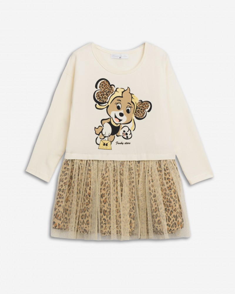 Παιδικό Φόρεμα Εποχής με Λεοπάρ Τούλι και Τύπωμα Σκυλάκι Κορίτσι (2-6) -Εκρού- 