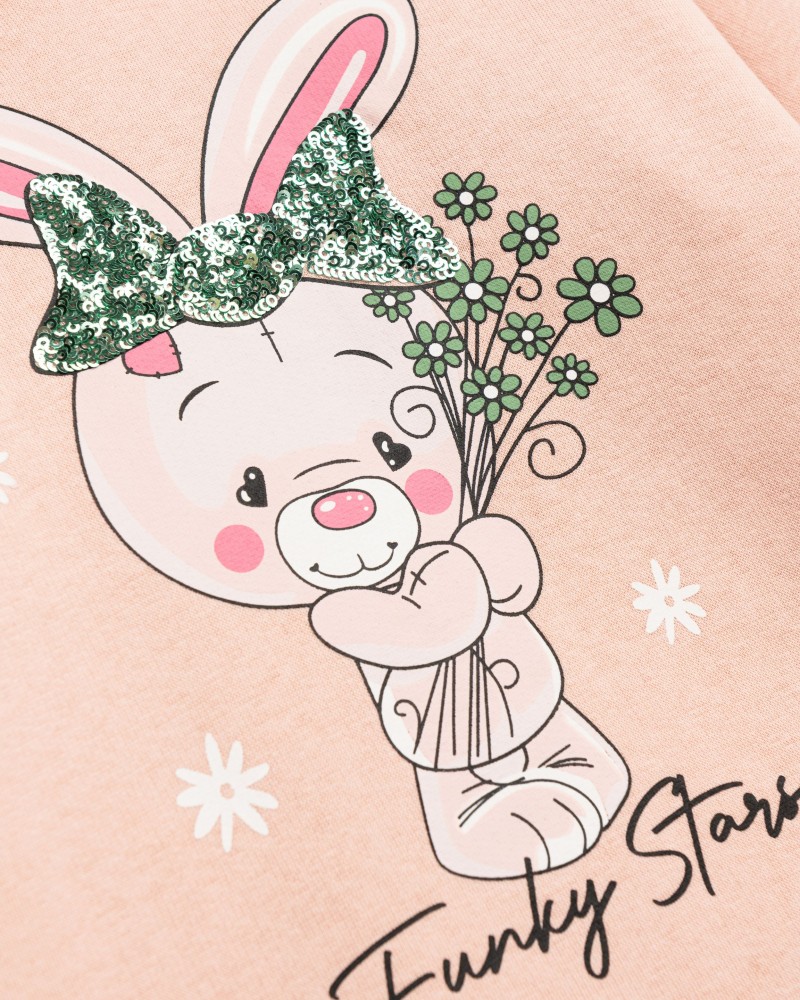 Παιδικό Φόρεμα Φούτερ με Κουκούλα και Τύπωμα Κουνελάκι Κορίτσι (2-6) -Σομόν- 