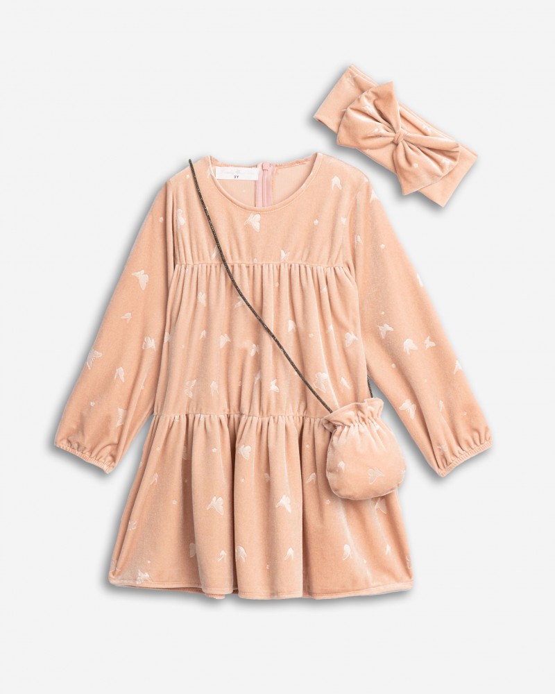 Παιδικό Φόρεμα Βελουτέ με Κορδέλα και Τσαντάκι Πουγκί 3 Τμχ Κορίτσι (2-6) -Ροζ- 