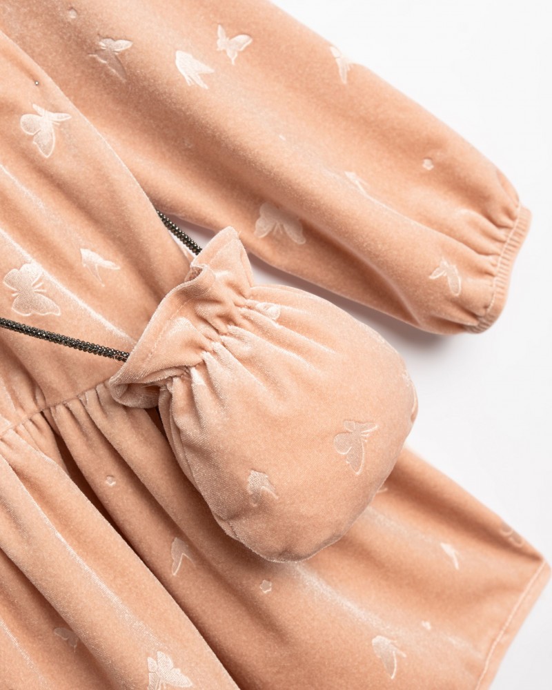 Παιδικό Φόρεμα Βελουτέ με Κορδέλα και Τσαντάκι Πουγκί 3 Τμχ Κορίτσι (2-6) -Ροζ- 