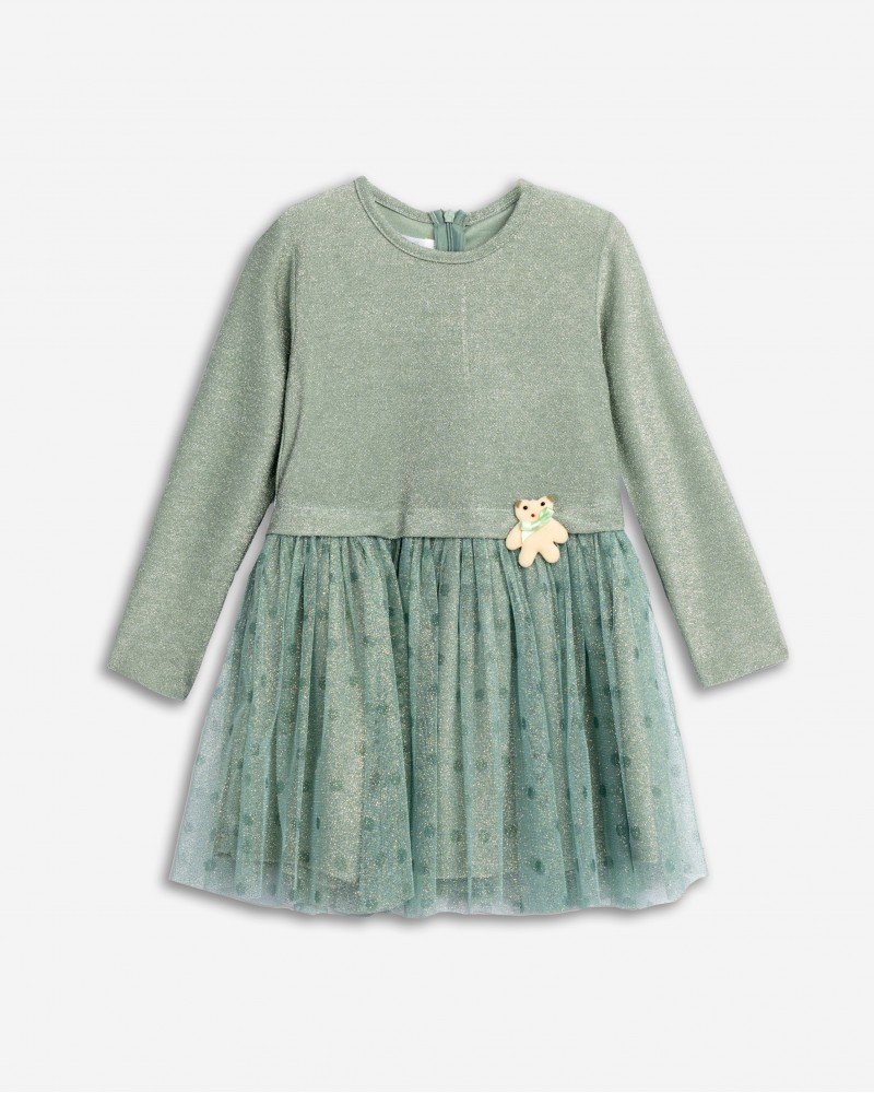 Παιδικό Φόρεμα Λούρεξ Λάμψη με Τούλι και Αρκουδάκι Κορίτσι (2-6) -Φυστικί- 
