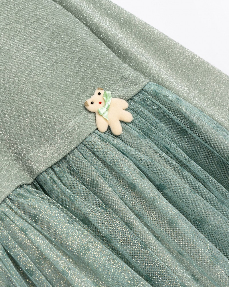 Παιδικό Φόρεμα Λούρεξ Λάμψη με Τούλι και Αρκουδάκι Κορίτσι (2-6) -Φυστικί- 