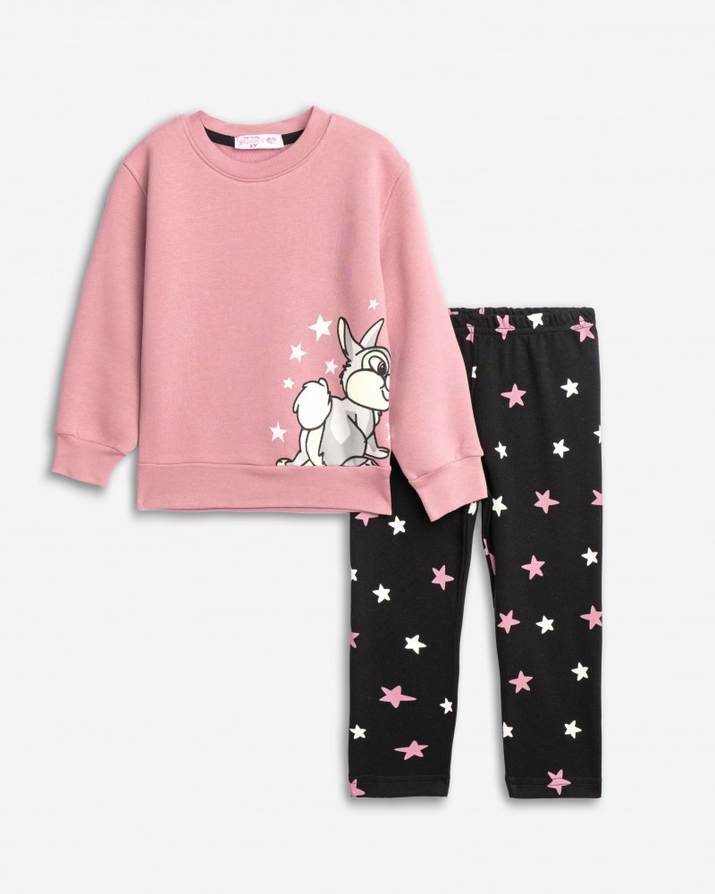 Παιδικό Σετ Φούτερ Με Κολάν και Μπλούζα Κουνέλι Κορίτσι (2-6) -Σκούρο Ροζ- 