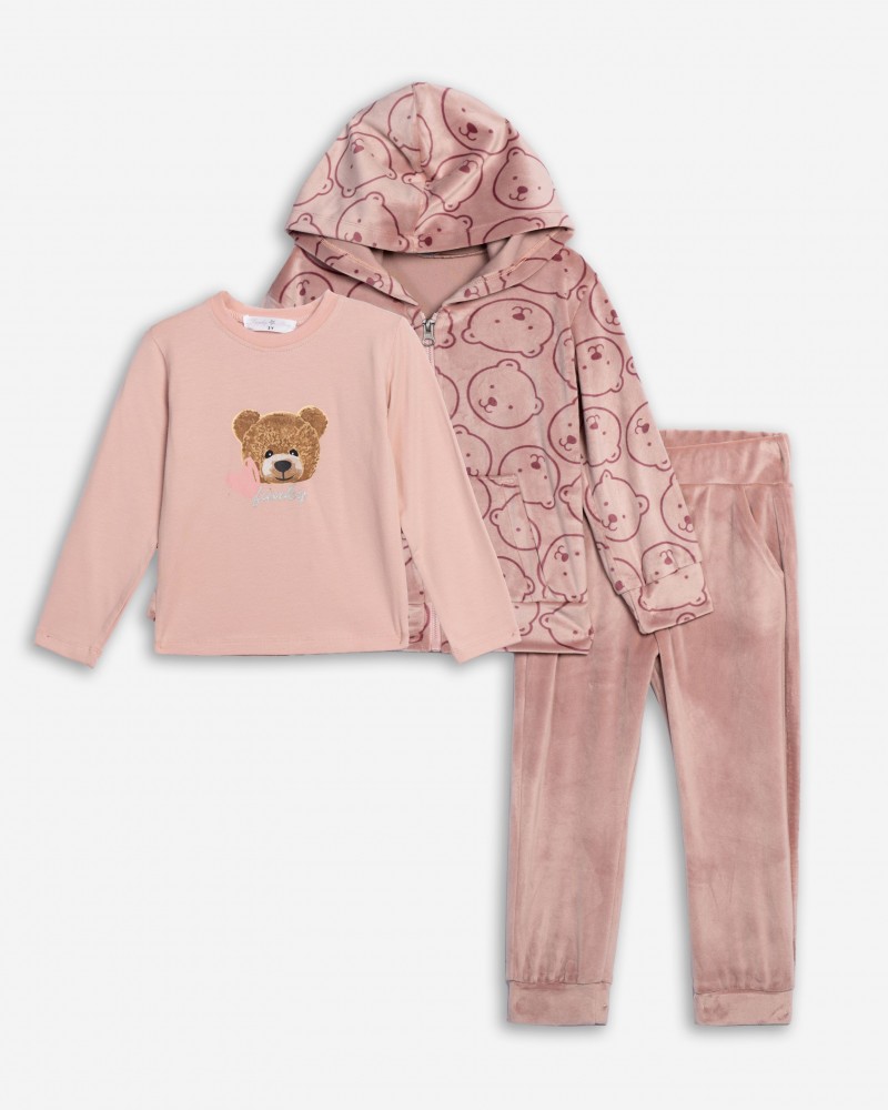 Παιδικό Σετ Βελουτέ Φόρμα 3Τμχ με Αρκουδάκι-Ζακέτα, Μπλούζα & Παντελόνι Κορίτσι (2-6) -Πούδρα-  Παιδικό Σετ Βελουτέ Φόρμα 3Τμχ με Αρκουδάκι-Ζακέτα, Μπλούζα & Παντελόνι Κορίτσι (2-6) -Πούδρα-