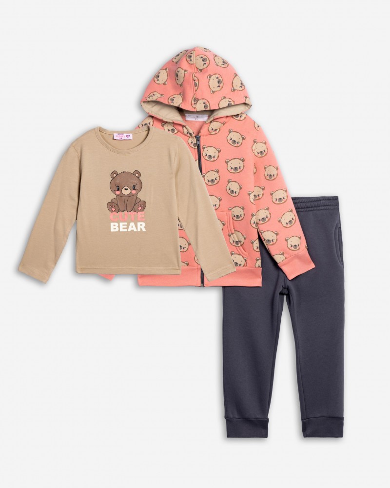 Παιδικό Σετ Φούτερ Φόρμα 3Τμχ με Αρκουδάκι-Ζακέτα, Μπλούζα & Παντελόνι Κορίτσι (2-6) -Μπεζ- 