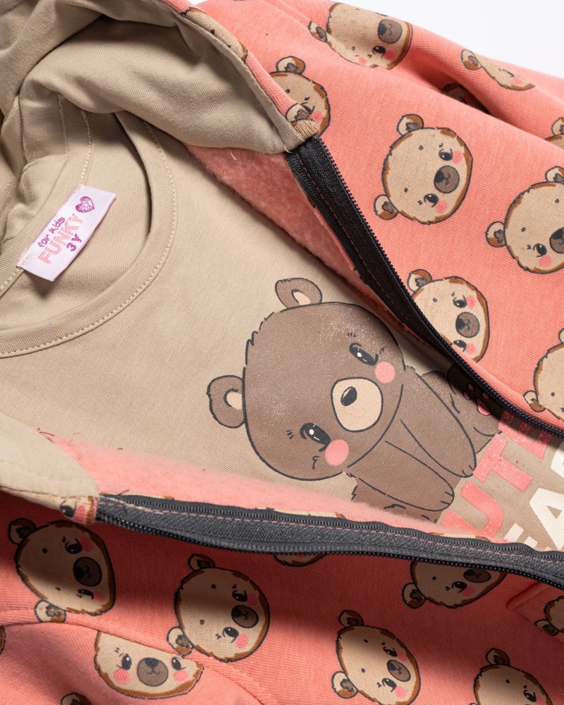 Παιδικό Σετ Φούτερ Φόρμα 3Τμχ με Αρκουδάκι-Ζακέτα, Μπλούζα & Παντελόνι Κορίτσι (2-6) -Μπεζ- 