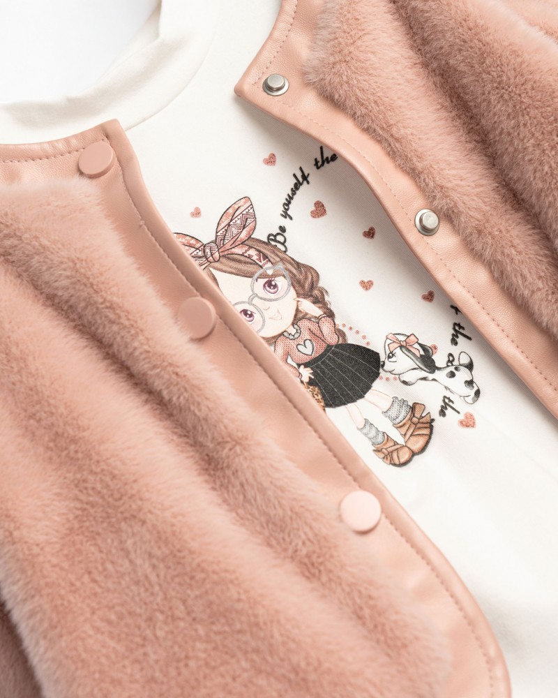 Παιδικό Σετ 3 Τμχ Τζάκετ Γουνάκι με Μπλούζα και Φούστα από Δερματίνη Κορίτσι (2-6) -Ροζ- 