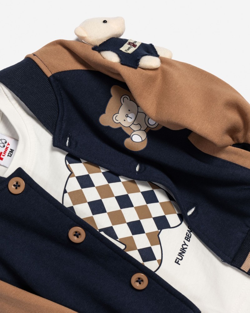 Βρεφικό Σετ Φούτερ 3Τμχ με Ζακέτα, Μπλούζα Αρκουδάκι και Παντελόνι Αγόρι (6-24μ) -Μπλε- 