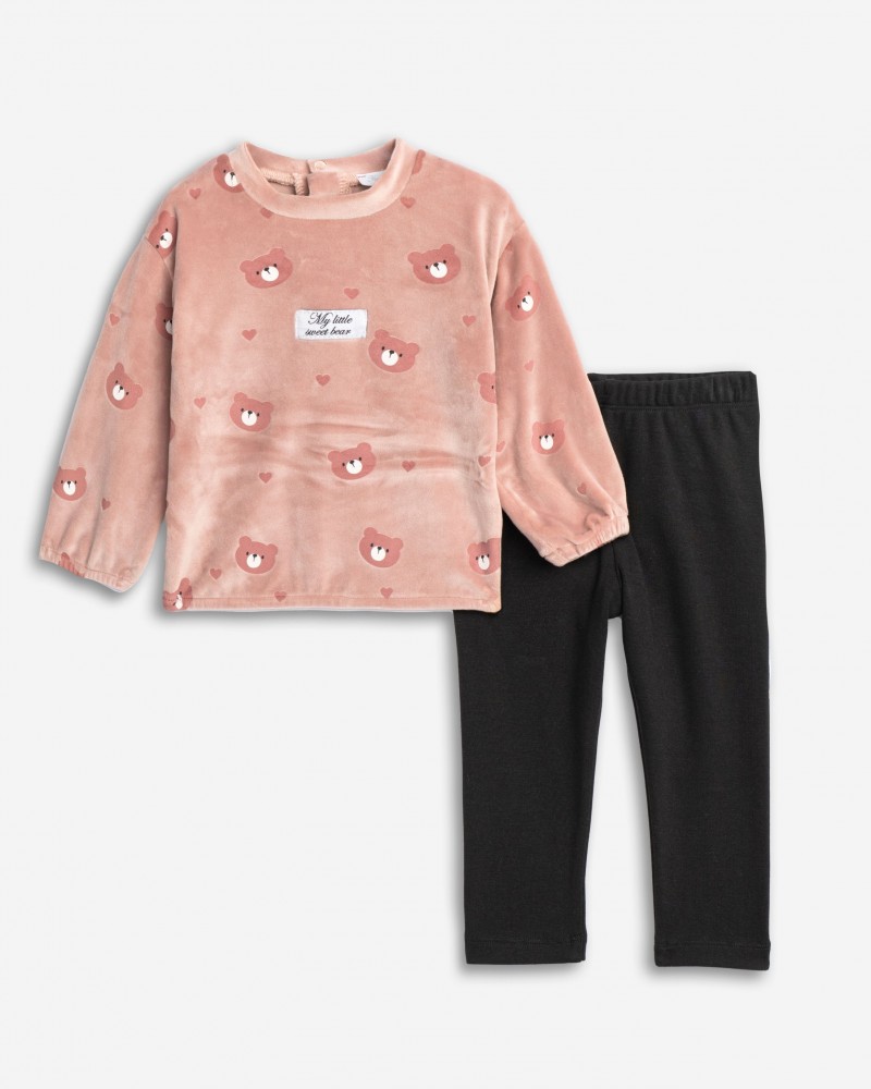 Βρεφικό Σετ Με Κολάν και Βελουτέ Μπλούζα Bear Κορίτσι (6-24μ) -Πούδρα- 